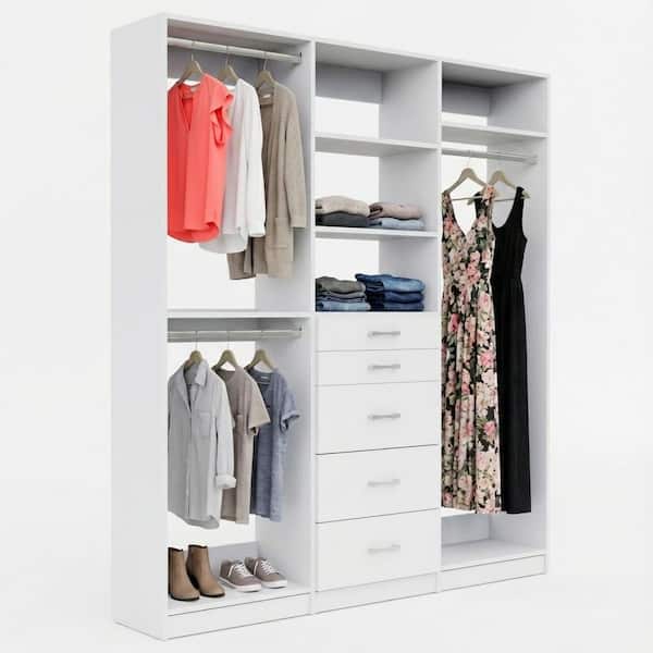 Alto Collection 57 in W White Wall Mounted Double Hang, 5-Drawer and Tall Hang Wood Closet System
