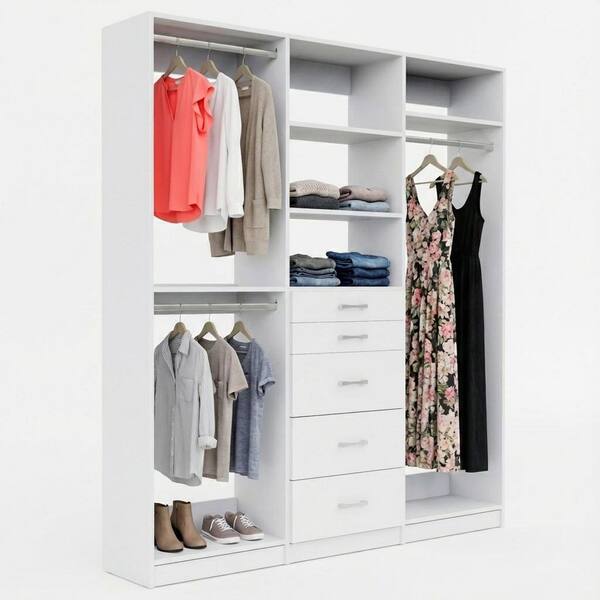 Alto Collection 64.5 in. W White Wall Mounted Double Hang, 5-Drawer and Tall Hang Wood Closet System