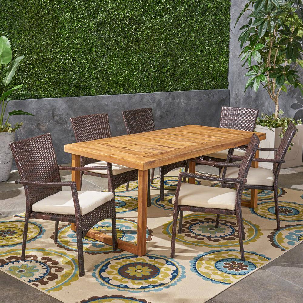 Noble House Stamford 7-Piece Wood and Plastic Outdoor Dining Set with ...