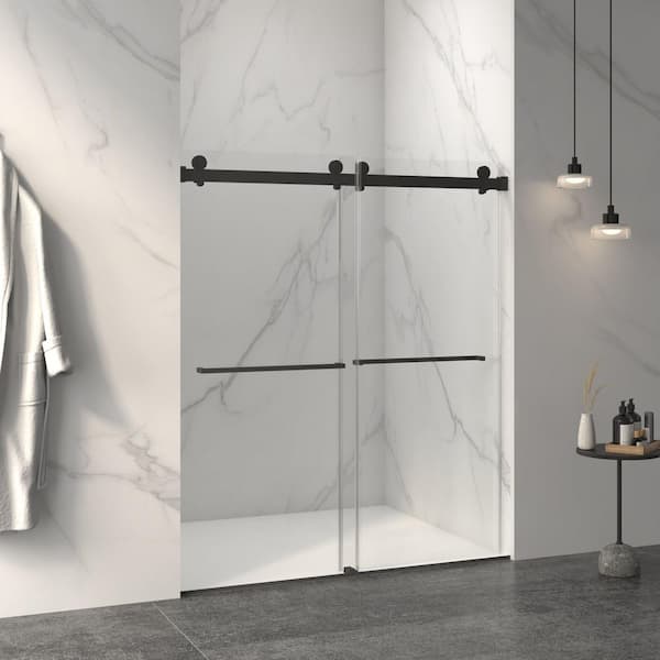 Lamont 60 in. W x 70 in. H Semi Frameless Double Sliding Shower Door in Matt Black with Tempered Glass