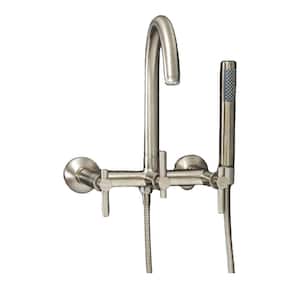 Modern 3-Handle Wall Mount Tub Faucet with Handshower and Hose, Metal Levers, in Brushed Nickel