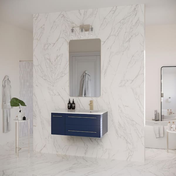 Lucera 36 in. Single Sink Wall Mount Royal Blue Bath Vanity with White Quartz Top and Undermount Sink - Right Version