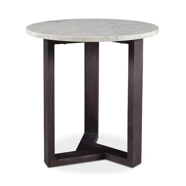 NADAAL STUDIOS Hart 20 in. Round Charcoal Grey Satwaria Marble Side Table with Solid Acacia Wood Base