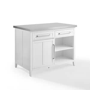 Silvia White Kitchen Island with Stainless Steel Top