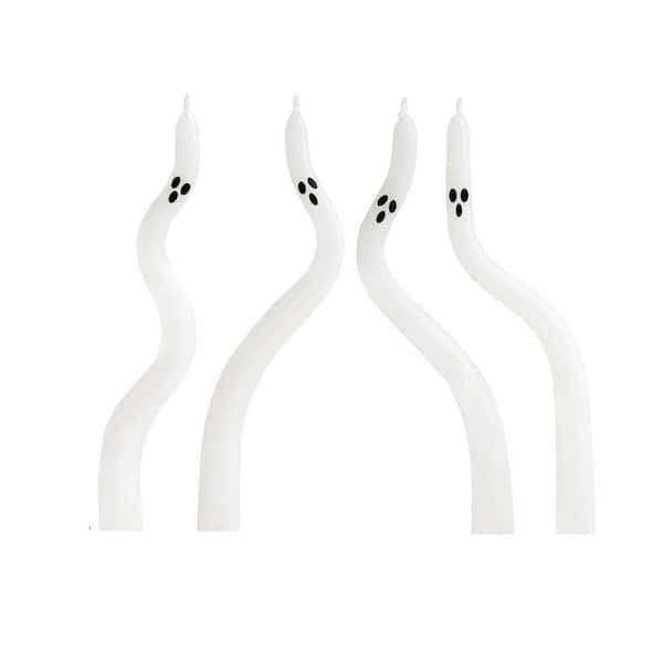 Four 10-inch black and white twisted ghost taper candles for indoor mantel and table centerpiece Halloween Candles.