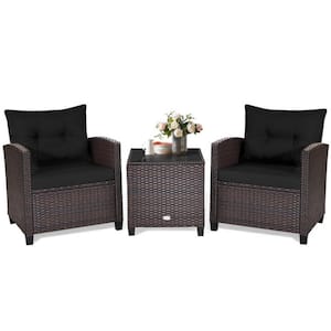 3-Piece Wicker Patio Conversation Set Rattan Furniture Set with Black Washable Cushion