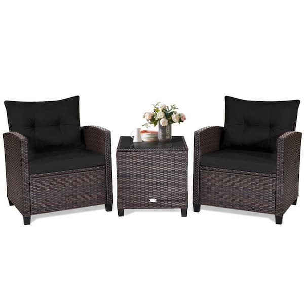 Clihome 3-Piece Wicker Patio Conversation Set Rattan Furniture Set with Black Washable Cushion