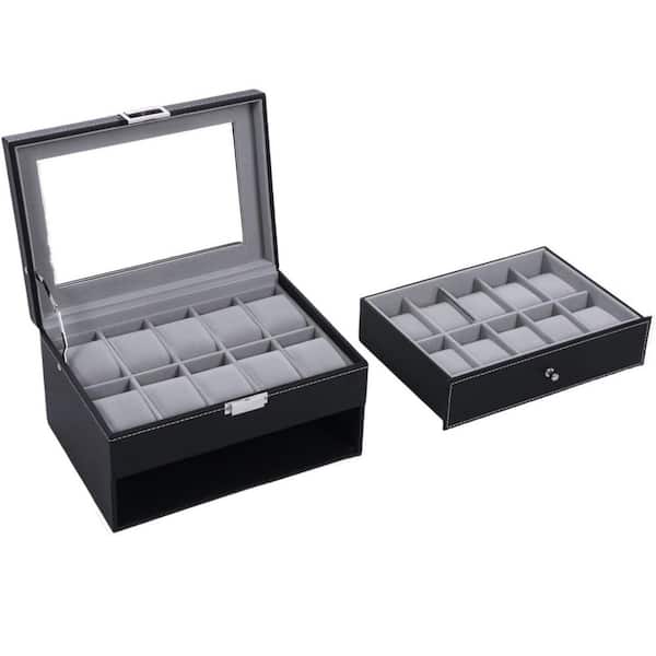 Unbranded 20-Slot Watch Box Organizer, Metal Hinge, PU Leather, Glass Top, Large Holder, Black, 11.3 in. x 8 in. x 5.9 in.