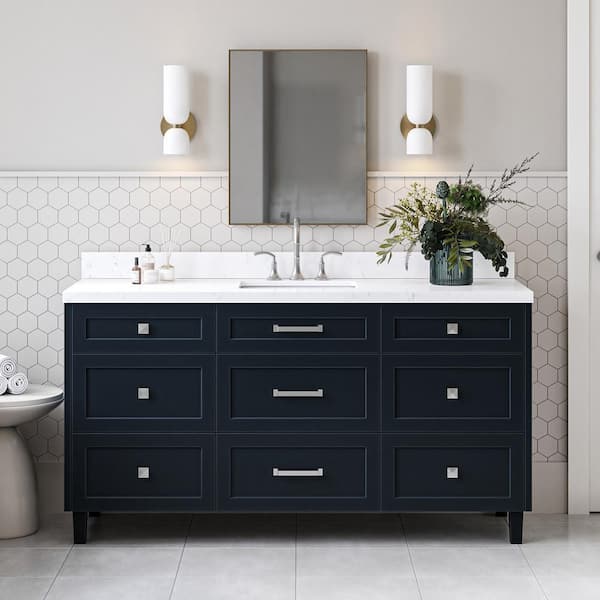 ARIEL Monroe 66 in. W x 22 in. D x 36 in. H Single Rectangle Sink Bath Vanity in Midnight Blue with Carrara White Quartz Top