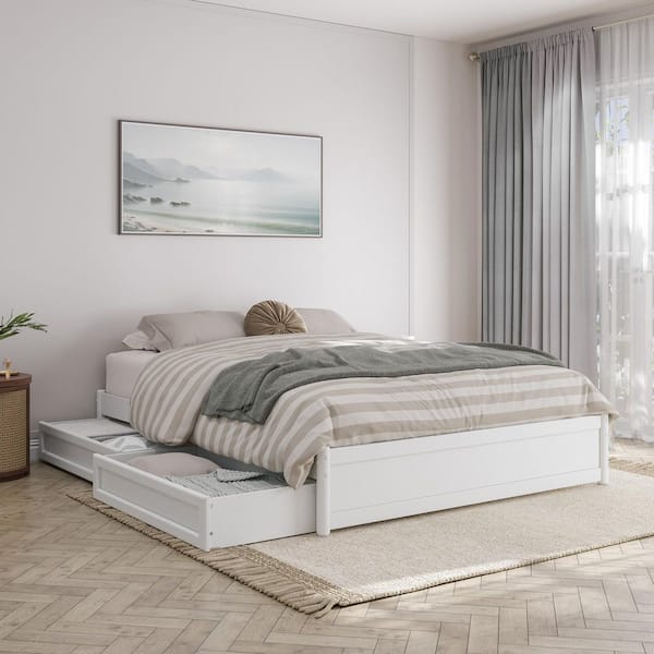 Barcelona White Solid Wood Frame Queen Panel Platform Bed with Storage Drawers