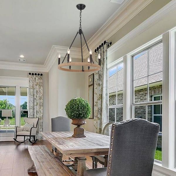 LWYTJO 6-Light Rustic Black Hemp Rope Wagon Wheel Chandelier for