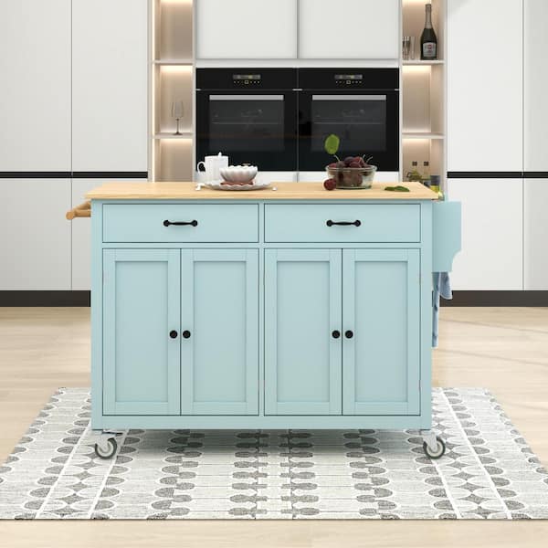FAMYYT Green Rolling Rubber Wood Desktop 54 in. Kitchen Island Cart with Adjustable Shelves