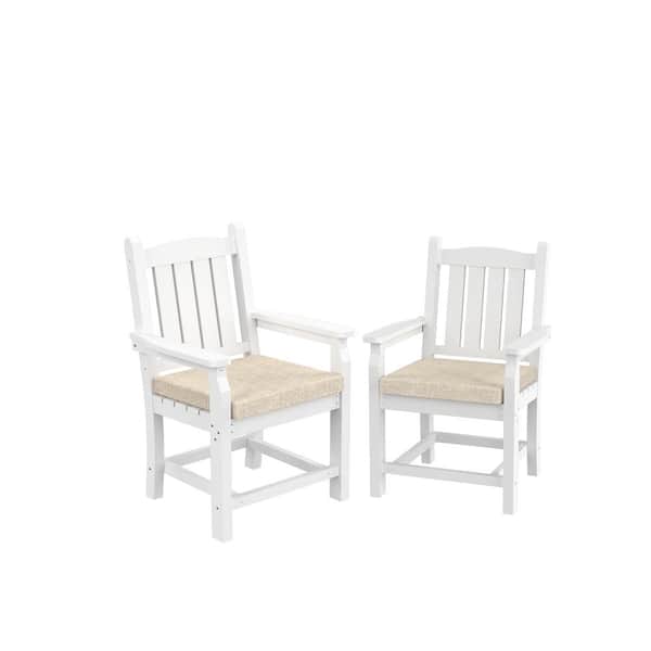 Mondawe Valkyrie White Plastic Outdoor Dining Arm Chair with White Bean Cushions (2-Pack)