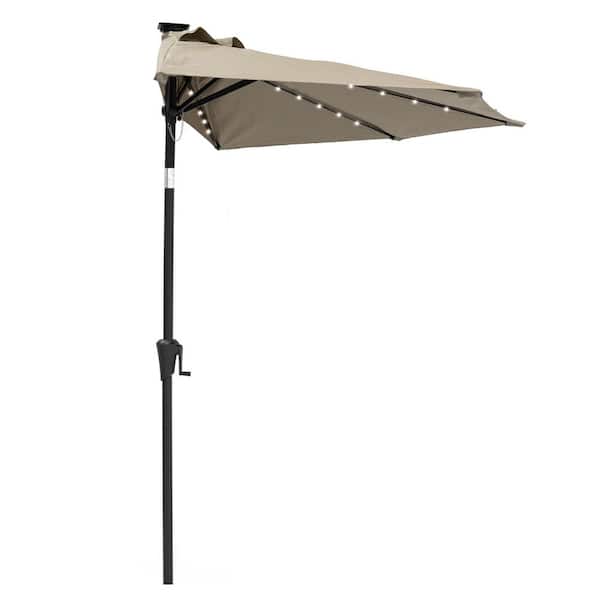 C-Hopetree 9 ft. Aluminum Market Solar Tilt Half Patio Umbrella with LED Lights in Taupe Solution Dyed Polyester