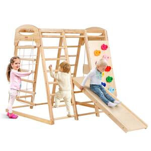 Indoor Jungle Gym, 7-in-1 Toddler Indoor Playground, Wooden Toddler Climbing Toys Indoor with Wood and Rope Ladder