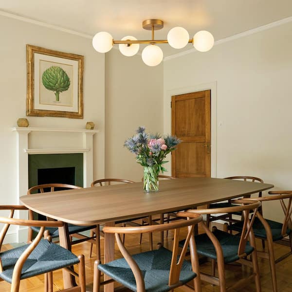 Lucie 26.38 in. 5-Light Gold Modern Linear Semi-Flush Mount Ceiling Light with Globe Glass Shades