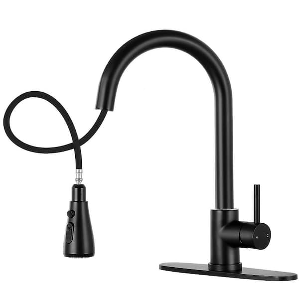 Matte Black 14.2 in. H Pull Out Sprayer Kitchen Faucet with 360° Spout Swivel Deckplate Included