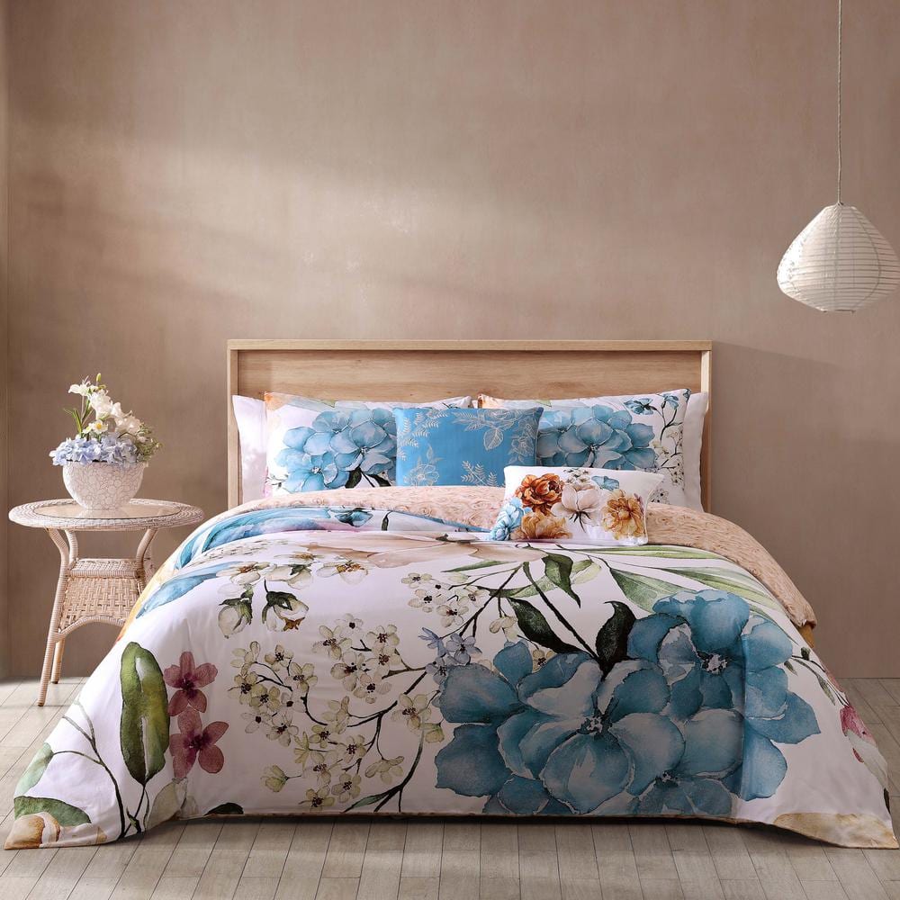 Blush and Blue Cotton Queen Reversible Floral Comforter Set