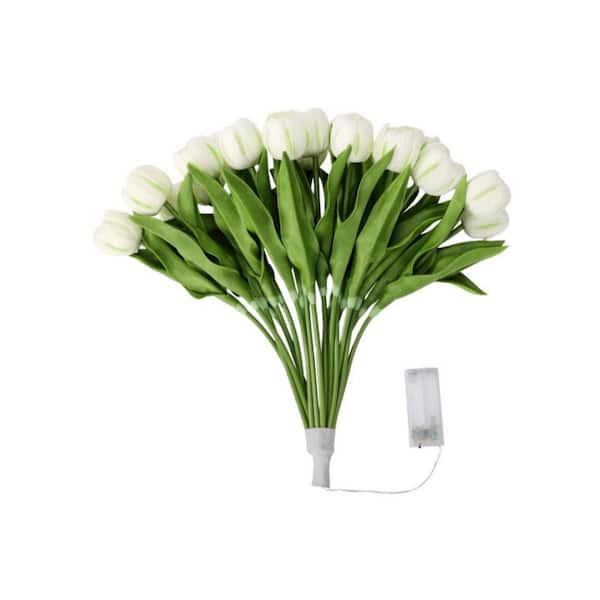 15 in. Luminous Series White Indoor Artificial Tulip in Clear Glass Vase