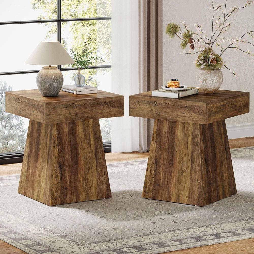 Kerlin 19.7 in. Brown Square Wood End Table (Set of 2) Farmhouse Side Table with Wide Base Nightstand Beside Bed