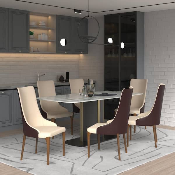 High Back Dining Chair Modern Upholstered in Leather with Ash Wood Legs Elm Series in Brown