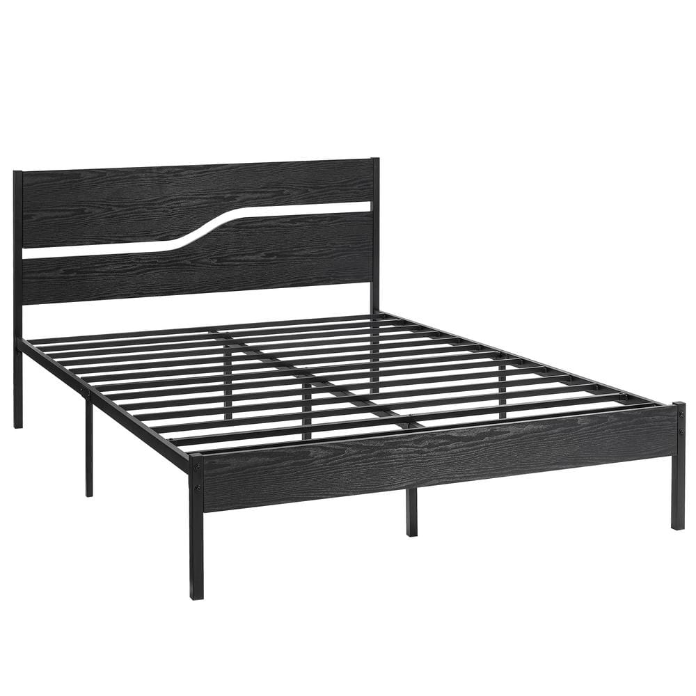 VECELO Platform Bed，Black Metal Bed Frame ，Queen Size Platform Bed with Wooden Headboard， Under
