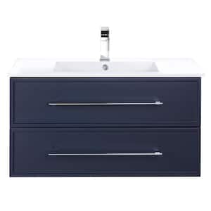 Milano 36 in. W x 18 in. D x 20 in. H 2 Single Sink Wall Mounted Vanity in Blue with Rectangular White Basin