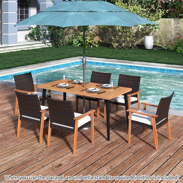 7 Piece Wood Patio Outdoor Dining Table Set with Tabletop, 1.97" Umbrella Hole, Removable White Cushion