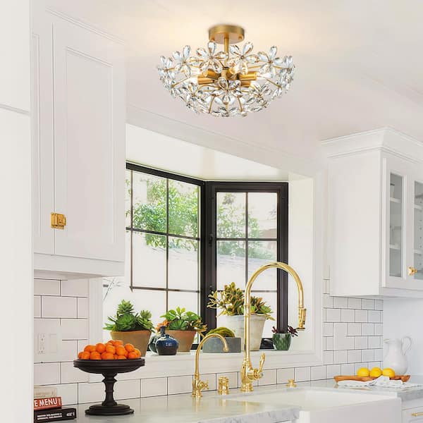 TinHon 18 in. Gold Flush Mount Crystal Ceiling Light, 6-Light