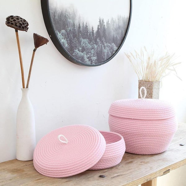 Pink 13 in. x 9 in. Cotton Decorative Basket with Lid Z092ZH3JJQ