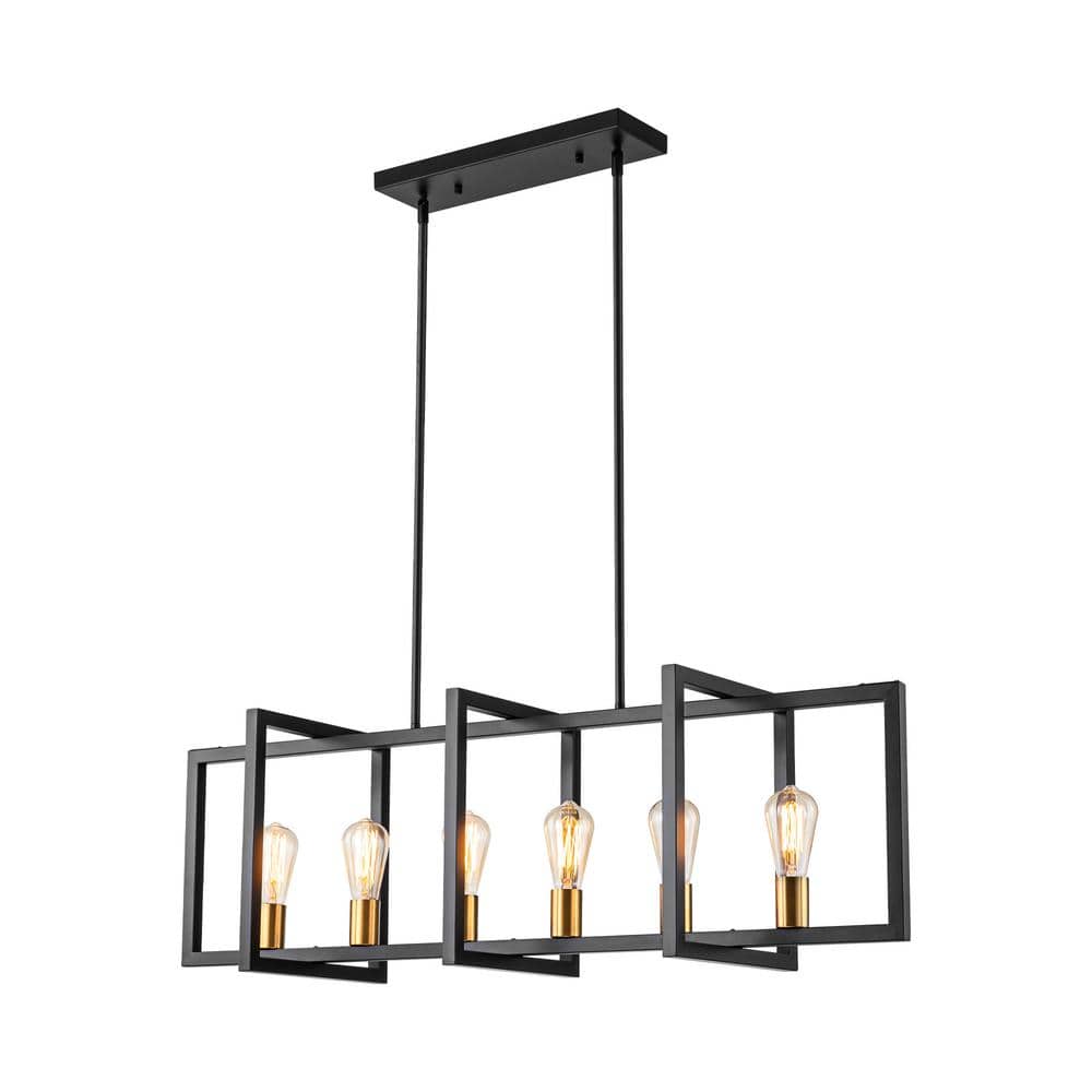 RRTYO Croyle 6Light Black Brushed Brass Industrial Linear Geometric Kitchen Island Pendant