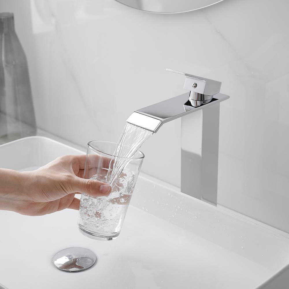 Polished Chrome Waterfall Vessel Sink Faucet with Pop-Up Drain