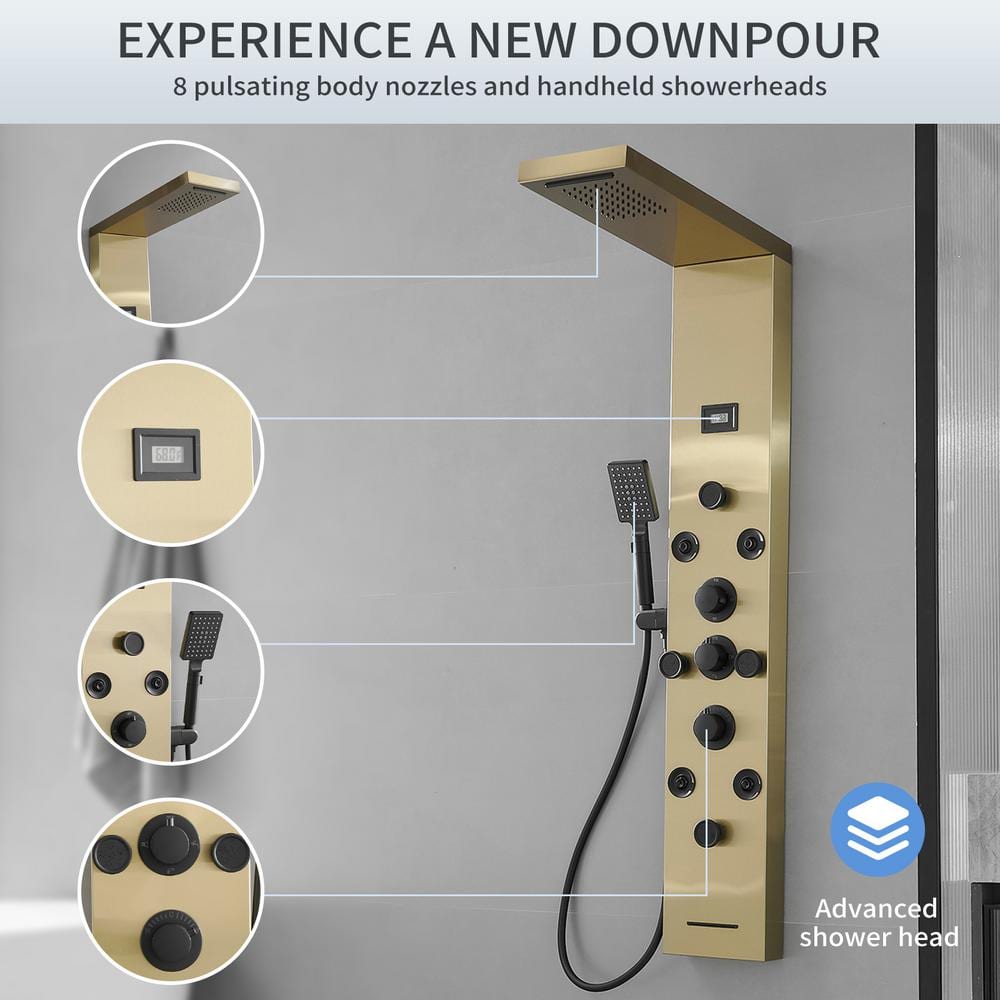 Gold and Black Brass Shower Panel System with Rainfall Shower Head
