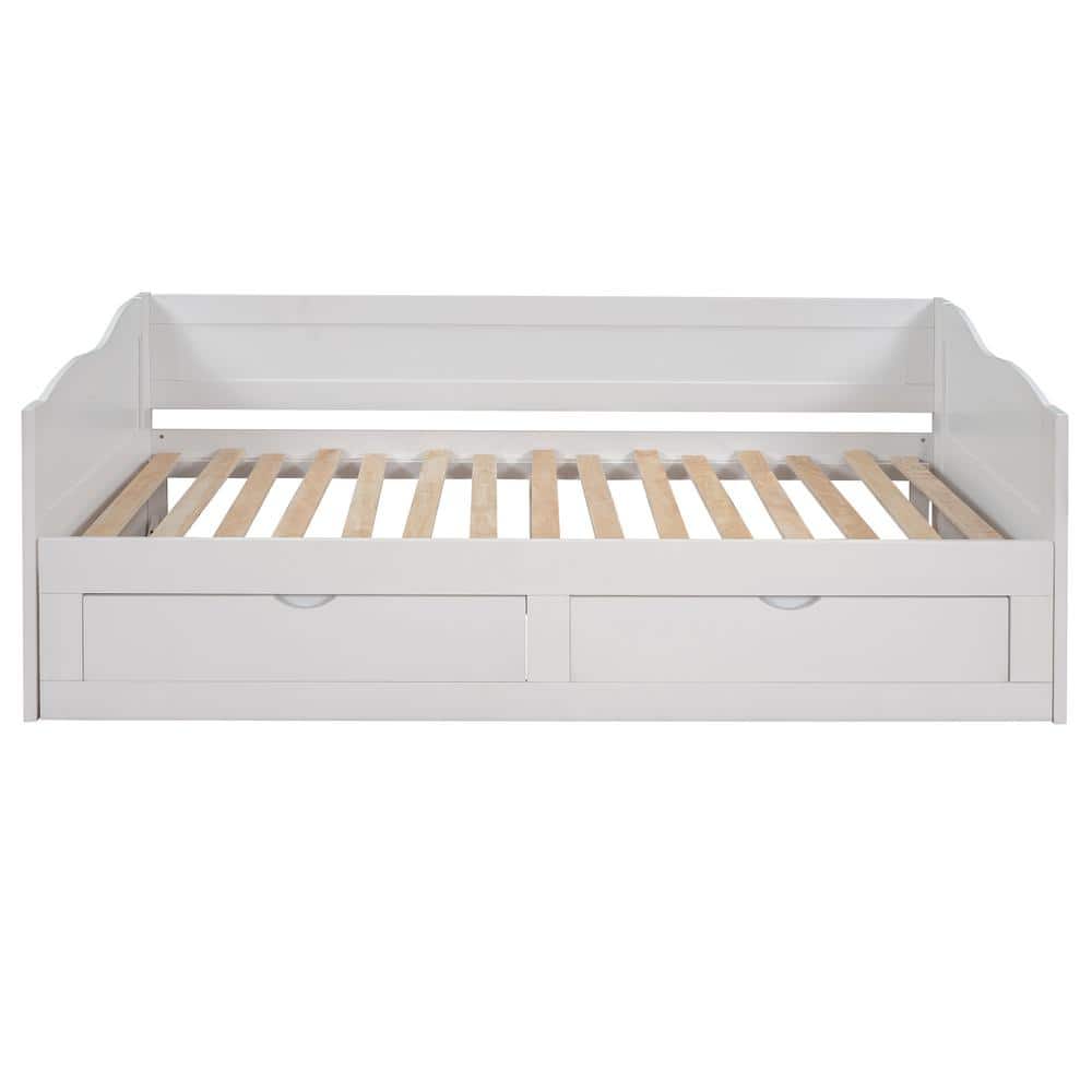 White Extendable Twin Size Sturdy Daybed with Trundle and 2-Storage Drawers, Wood Daybed Sofa Bed Frame with Wood Slats