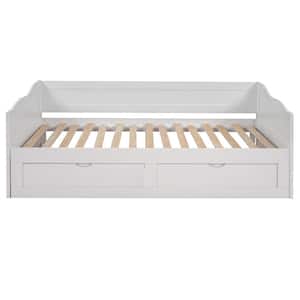 White Extendable Twin Size Sturdy Daybed with Trundle and 2-Storage Drawers, Wood Daybed Sofa Bed Frame with Wood Slats