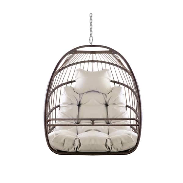 Misopily 3.3 ft. Ceiling Hanging Hammock Egg Chair with Removable Guardrail, Cup Holder and UV Resistant Cushions in Beige