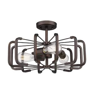 17.7 in. 3-Light Oil Rubbed Bronze Industrial Semi-Flush Mount With Metal Shade and No Bulbs Included