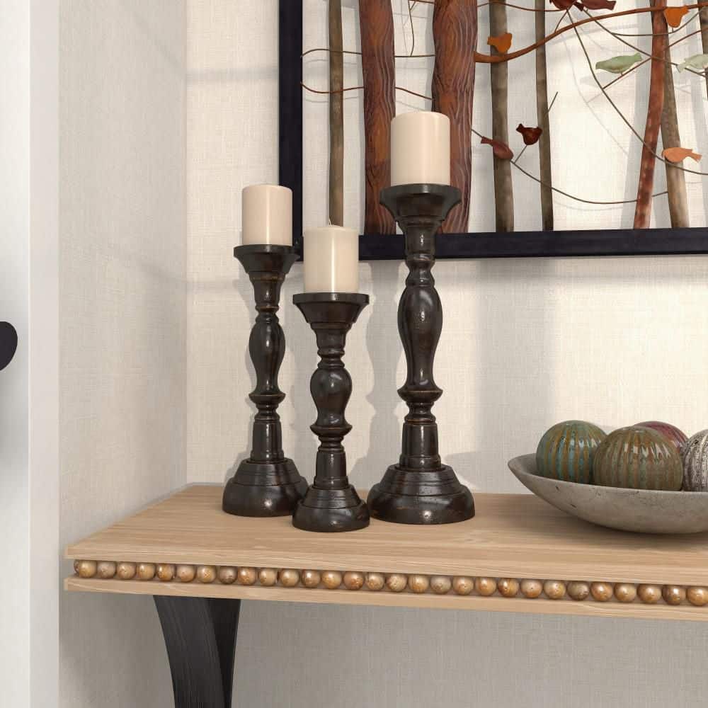 Elegant Espresso Wood Candle Holder Trio, 18" 15" 12"H