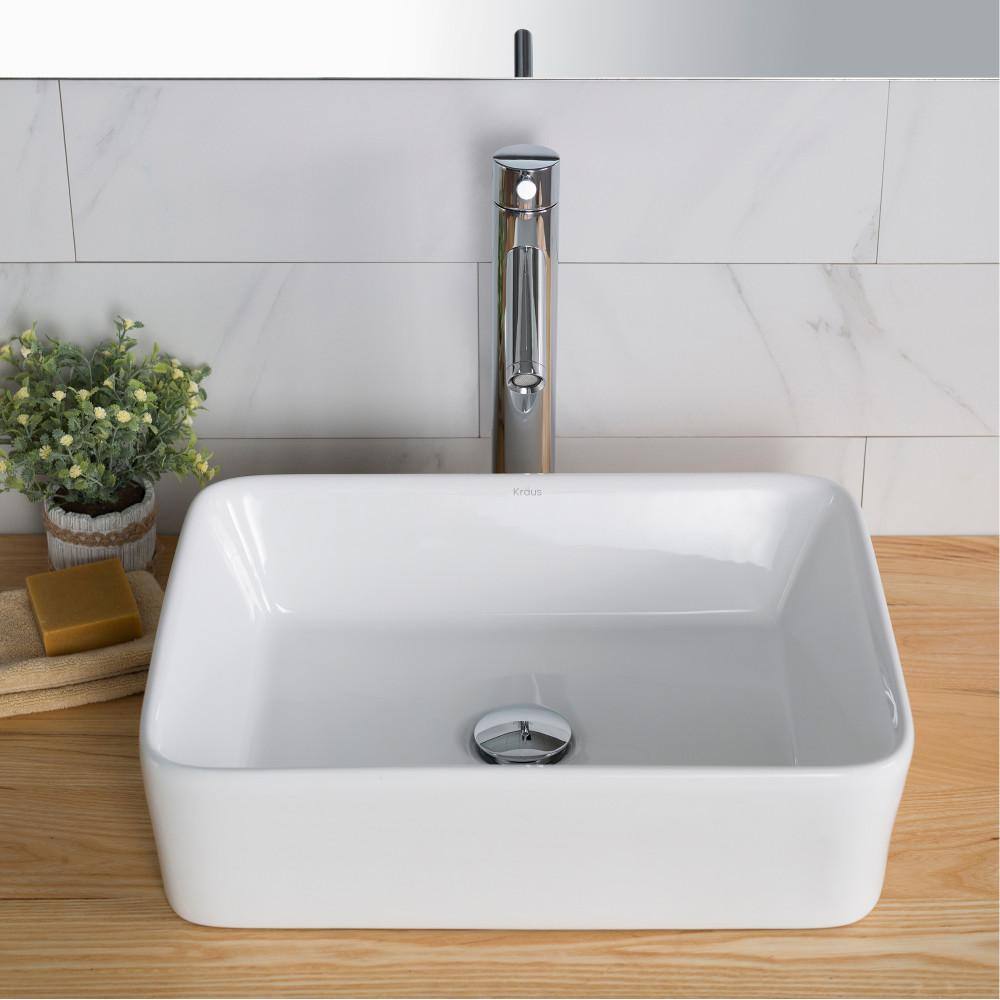KRAUS Elavo Vessel White Ceramic Bath Sink and Ramus Single Handle Bath Faucet with PopUp Drain