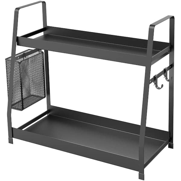 2 Tier Black Countertop Standing Spice Rack Organizer Shelf with Hanging Basket for Kitchen Bathroom Cabinet