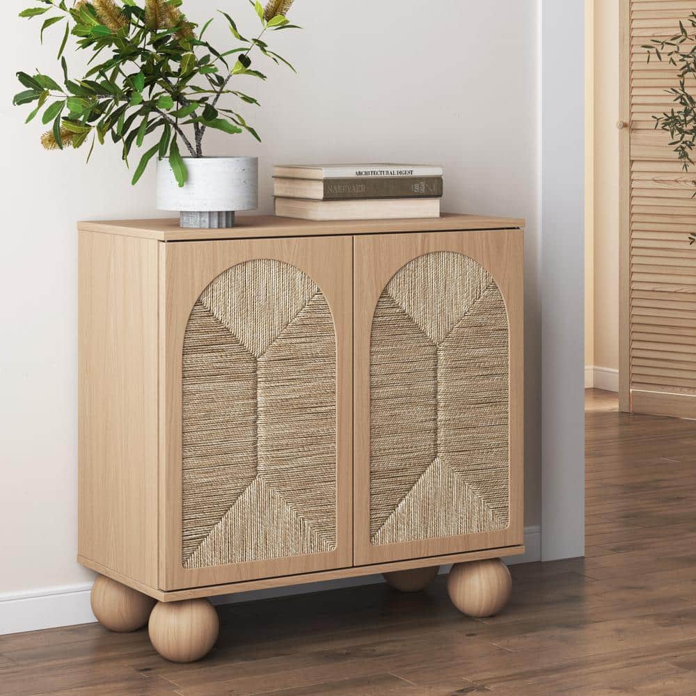 Leah Light Brown Bohemian Seagrass Cabinet with Solid Wood Legs