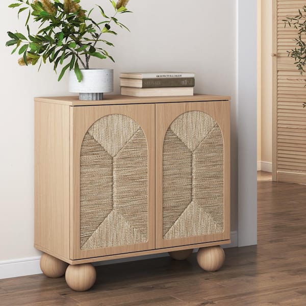 Leah Boho Raw Oak 31 in. Accent Cabinet, Entryway Storage Cabinet with Ball-Style Feet & Arched Seagrass Doors