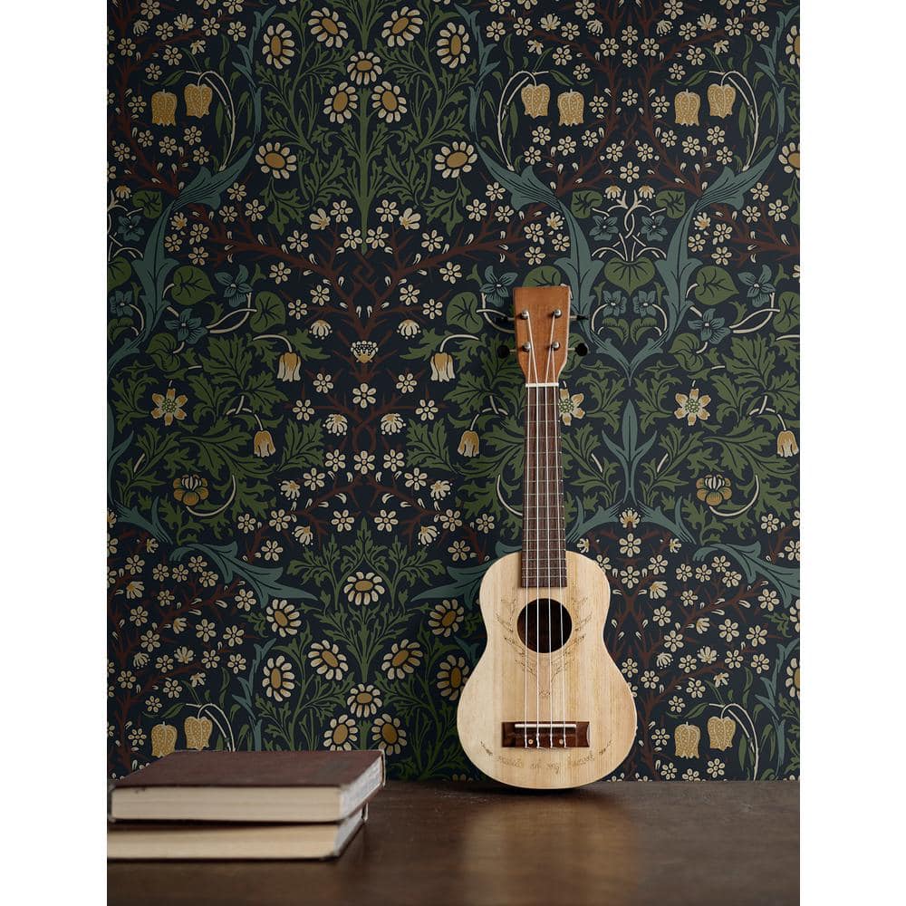 Midnight Blue and Evergreen Damask Floral Peel and Stick Wallpaper