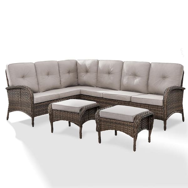 Flat Armrest Series Brown 3-Piece Wicker Patio Conversation Seating Set with CushionGuard Beige Cushions