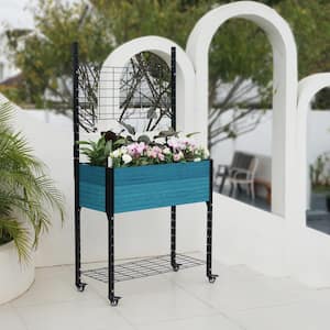 Self-Watering 18 in. D x 69 in. H x 36 in. W Blue Composite and Steel Mobile Elevated Planter with Trellis
