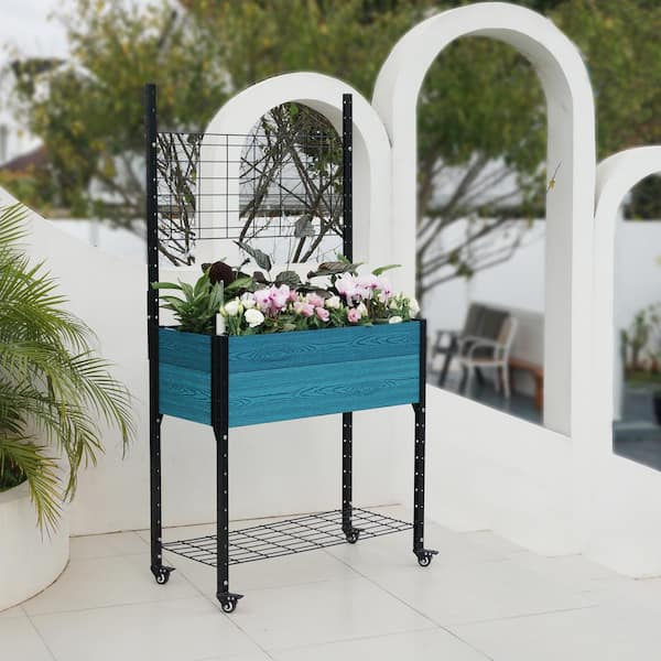 EverBloom Self-Watering 18 in. D x 69 in. H x 36 in. W Blue Composite and Steel Mobile Elevated Planter with Trellis
