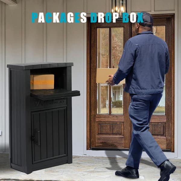 60 Gal. Black Resin Lockable Deck Box for Outside, Anti-Theft Waterproof Parcel Drop Boxes Outdoor Package Delivery