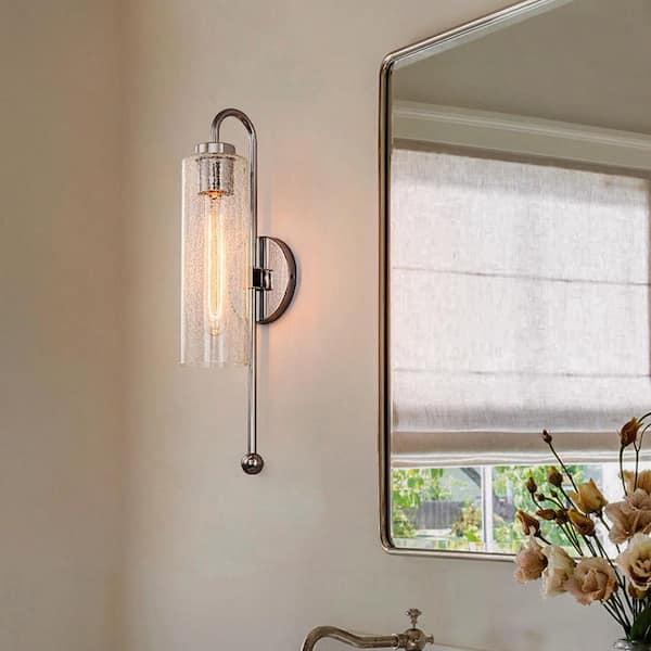 Dvorakova 19.53 in. 1-Light Cylinder Modern Chrome Wall Sconce with Crackle Glass Shade