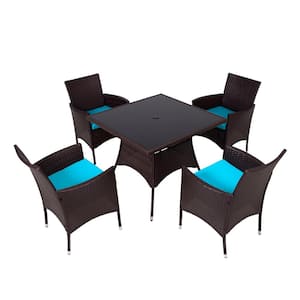 5-Pieces Brown PE Wicker Patio Conversation Set with Square Glass Tabletop, 4 Chairs and Lakeblue Cushions