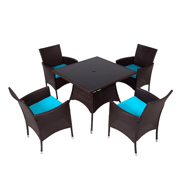 Unbranded 5-Pieces Brown PE Wicker Patio Conversation Set with Square Glass Tabletop, 4 Chairs and Lakeblue Cushions